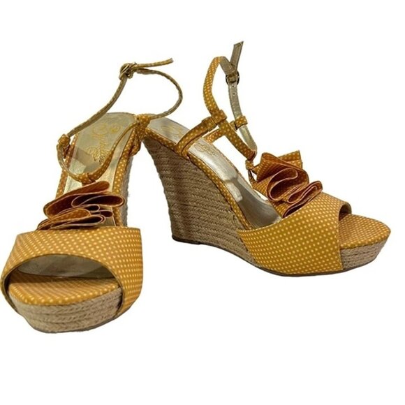 Seychelles shoes women's 7 yellow white polka dot t strap peep toe espadrilles - Picture 1 of 8